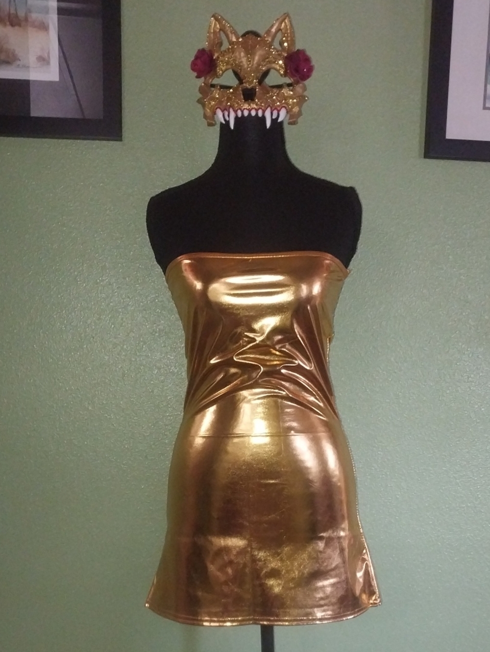 Halloween Handmade Golden Wolf Mask Costume With Mini Dress
